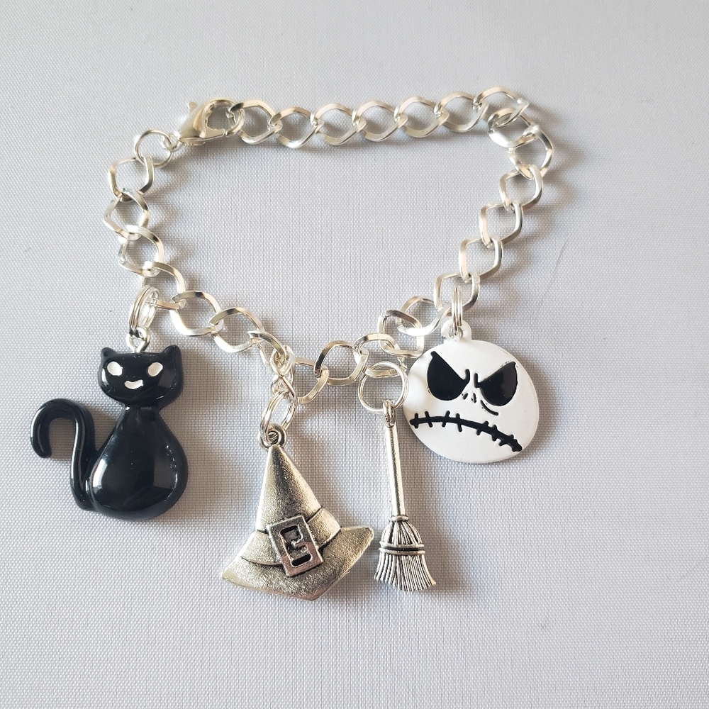 Retro 80s silver Halloween resin charm link chain bracelet black cat witch hat b